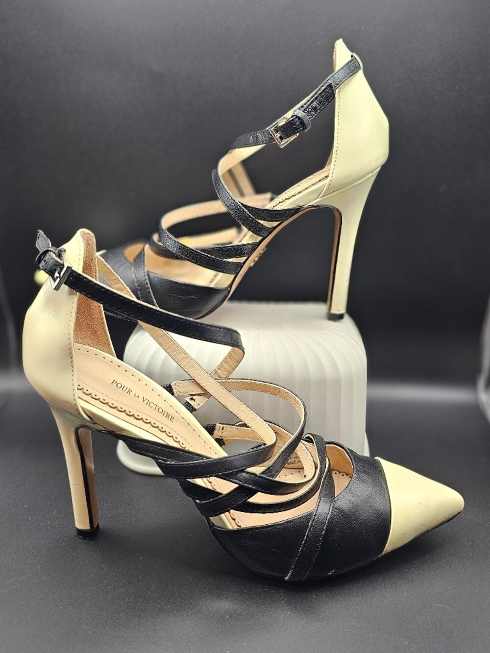 Pour La Victoire “Colettea” Two‑Tone Strappy Leather Stiletto Pumps – Size 7.5